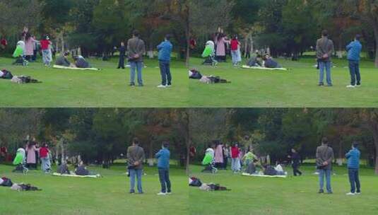 公园草坪人群休闲活动高清在线视频素材下载