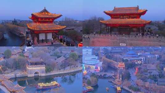 航拍台儿庄古城夜景城门区域高清在线视频素材下载