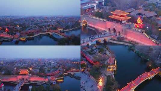 航拍台儿庄古城夜景游船追随高清在线视频素材下载