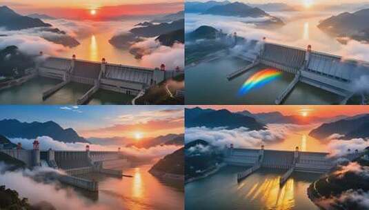 航拍云雾缭绕下的长江三峡大坝日出壮丽延时高清在线视频素材下载