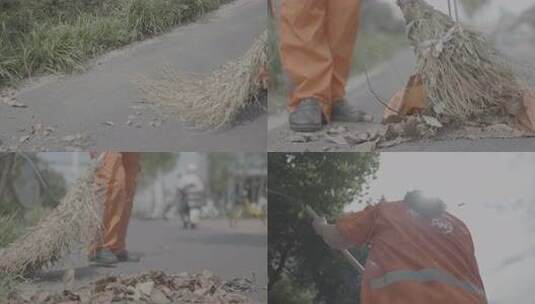 【4k】环卫工人使用扫帚清扫落叶的画面高清在线视频素材下载