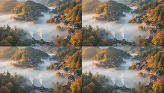 乡村秋日晨景中的传统村落高清在线视频素材下载