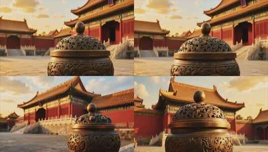 故宫古建筑前的铜制器物高清在线视频素材下载