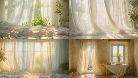 室内阳光透过白色窗帘场景高清在线视频素材下载