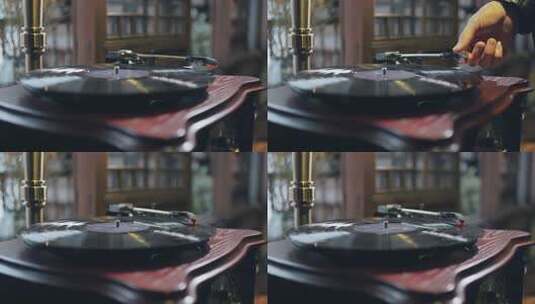 手把唱机针放在黑胶唱片上高清在线视频素材下载