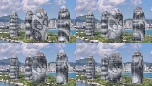 航拍海南三亚湾凤凰岛高清在线视频素材下载