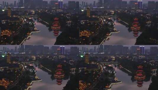 城市河流夜景古建筑风光高清在线视频素材下载