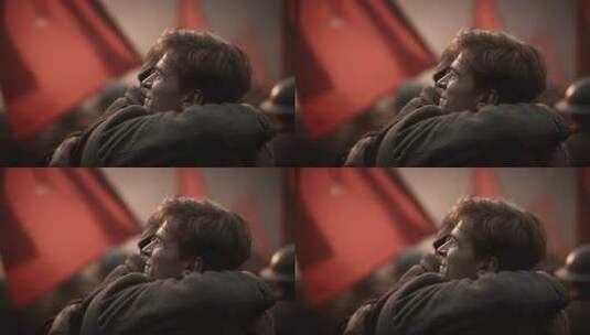 战火中的重逢喜悦士兵拥抱胜利微笑高清在线视频素材下载