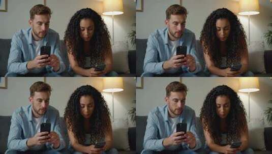 男女沙发上使用智能手机高清在线视频素材下载