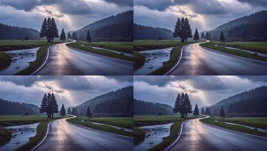 森林公路雨后阳光丁达尔治愈系风景视频高清在线视频素材下载