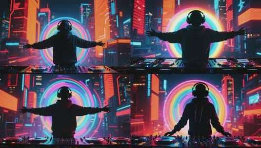 戴耳机DJ在城市夜景前张开双臂高清在线视频素材下载