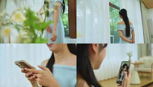 精致女生休闲居家刷剧看窗外高清在线视频素材下载