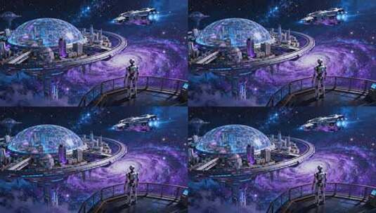 机器人眺望未来宇宙城市景观高清在线视频素材下载