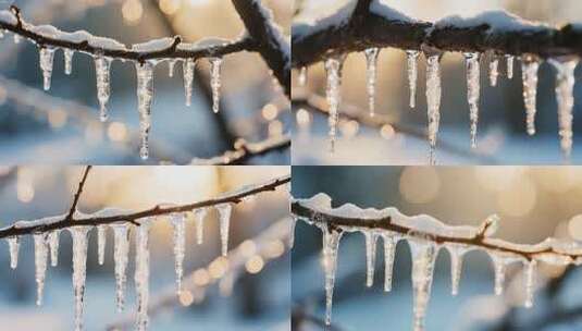 树枝上的冰凌特写高清在线视频素材下载
