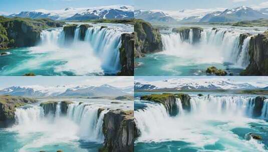 雪山下壮观的自然瀑布景观高清在线视频素材下载