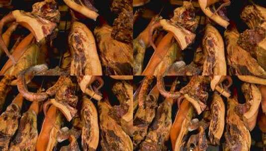 4K过年传统美食烟熏猪肉猪尾巴高清在线视频素材下载