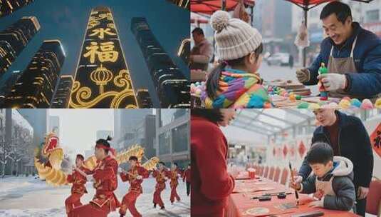 城市春节现代都市年味烟花舞龙民俗团圆拜年高清在线视频素材下载