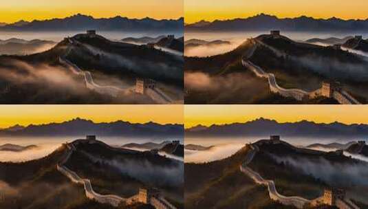 晨曦中的蜿蜒长城云海日出壮丽景色高清在线视频素材下载