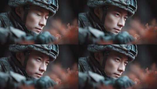 亚洲士兵目光坚毅隐蔽丛林之中高清在线视频素材下载