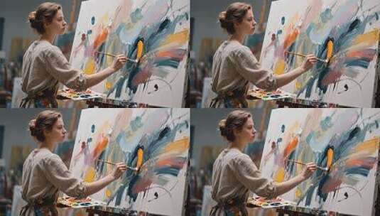 女性艺术家专注绘画高清在线视频素材下载