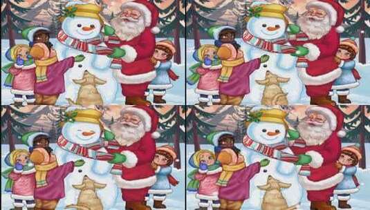 圣诞老人与孩子一起堆雪人高清在线视频素材下载