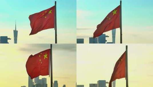 珠江新城日出红旗飘飘五星旗-高清在线视频素材下载