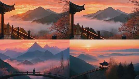 云雾缭绕的山间日出 东方意境山水风光背景高清在线视频素材下载