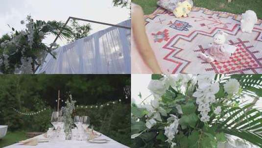 户外白色花卉婚礼场景、户外婚礼场地布置高清在线视频素材下载