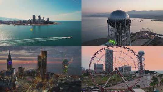 格鲁吉亚城市标志性建筑及海岸线航拍景象高清在线视频素材下载