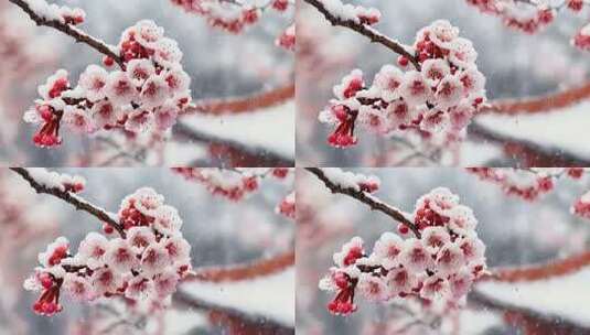 覆雪盛开的粉色花朵特写高清在线视频素材下载