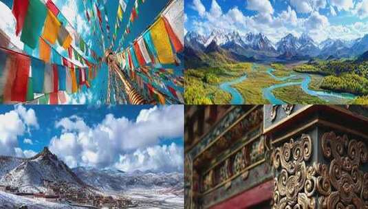 蓝天白云下的经幡特写格桑花歌曲背景高清在线视频素材下载