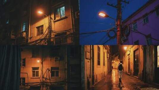胡同小巷子夜晚行人路灯老旧小区夜景高清在线视频素材下载