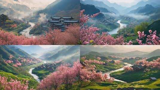 春日桃花山间古村 诗意画卷自然美景乡村风高清在线视频素材下载