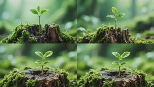 树桩上新生的绿色植物高清在线视频素材下载