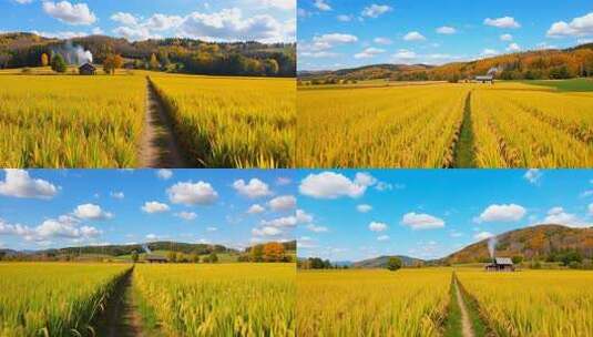 金黄稻田田园风光全景高清在线视频素材下载