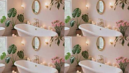 浴室浴缸与绿植装饰场景高清在线视频素材下载