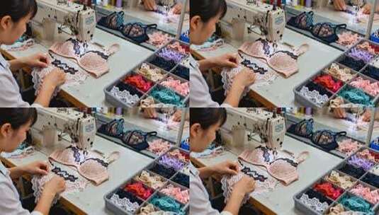 制衣厂工人缝制女士内衣高清在线视频素材下载