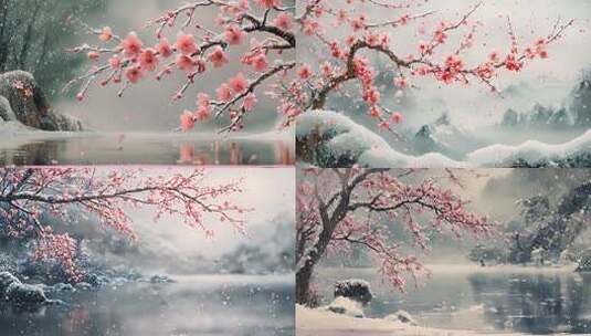 雪中绽放的粉色梅花景观高清在线视频素材下载