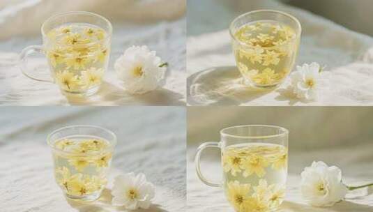 透明玻璃杯中泡着菊花茶高清在线视频素材下载