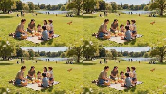 一家人公园草地野餐场景高清在线视频素材下载