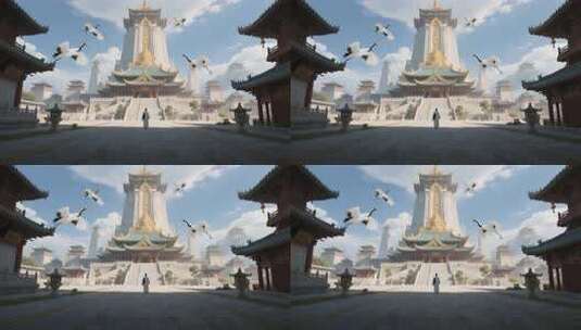 古风建筑前人物与飞鹤场景高清在线视频素材下载