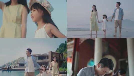 一家三口看日出住民宿烧香冲浪高清在线视频素材下载