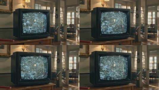 复古客厅中的雪花屏电视机高清在线视频素材下载