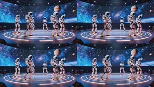舞台上机器人模拟宇航员舞蹈高清在线视频素材下载