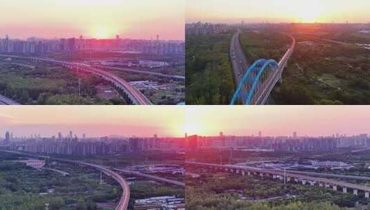 航拍夕阳下行驶的高铁高清在线视频素材下载