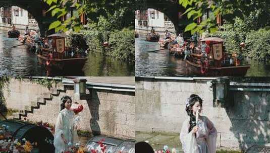绍兴江南水乡花船巡游升格高清在线视频素材下载