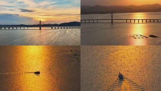 航拍夕阳下的枣庄庄里水库东江大桥水天一色高清在线视频素材下载