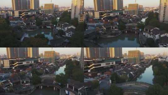 杭州市拱墅区胜利河美食街夜景航拍高清在线视频素材下载