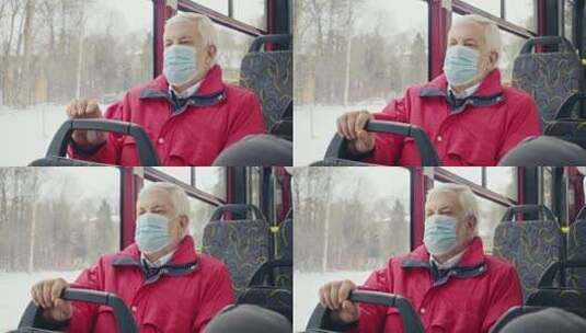 戴医用口罩的老人坐在公共汽车上高清在线视频素材下载