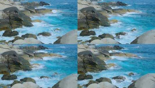 海边波涛汹涌浪花 蓝色海浪拍打礁石岩石高清在线视频素材下载